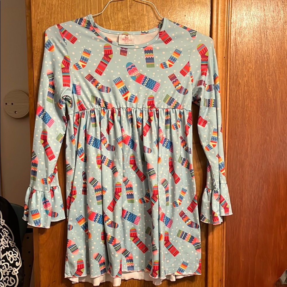 Ruffle Girl Christmasy Light Blue Long Sleeve Top with Playful Prints